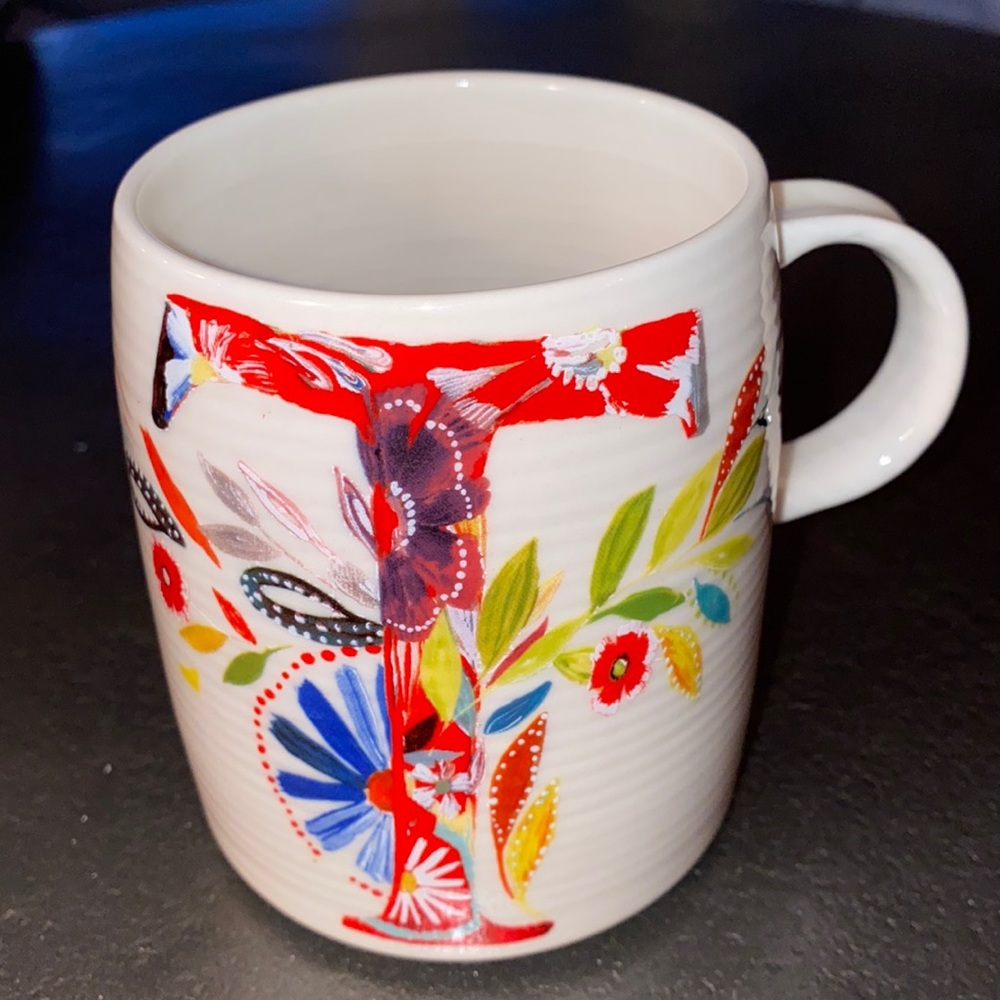 Anthropologie White Mug with Red Floral Letter T